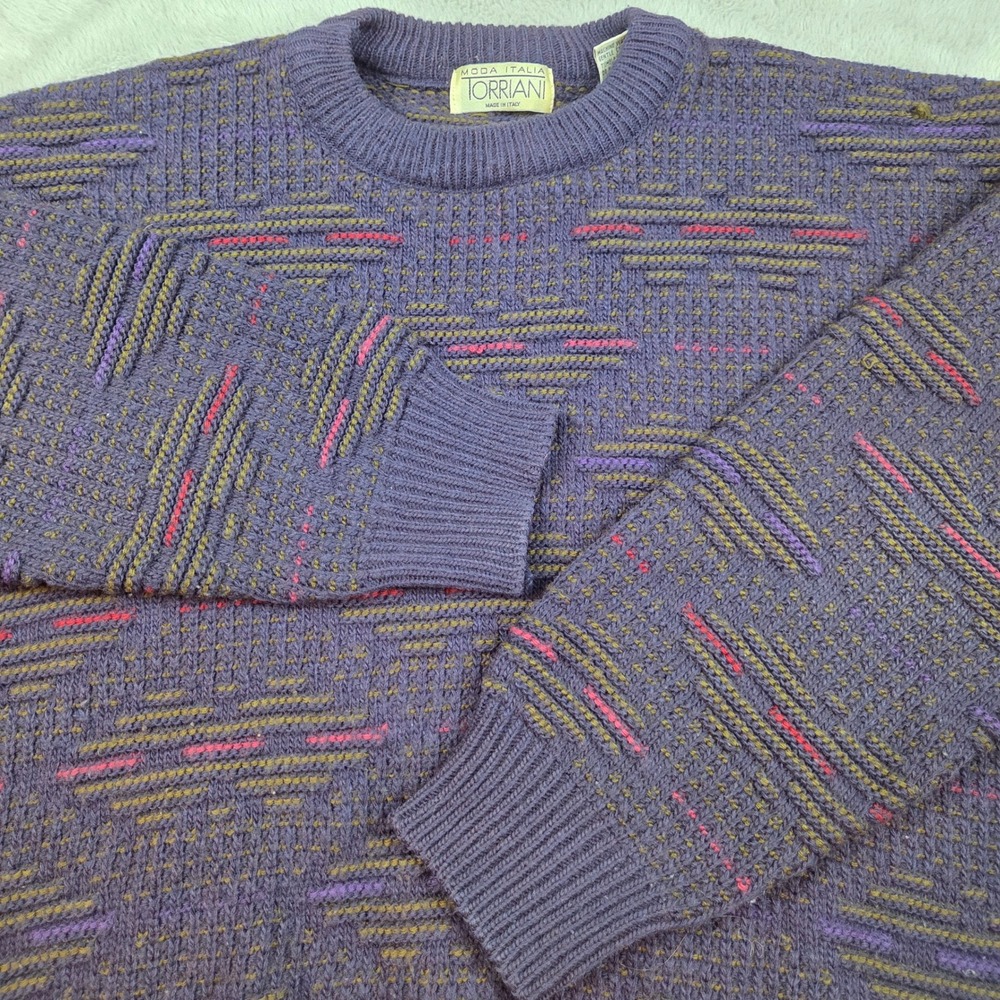 Torriani Wool Blend Sweater Mens M Geometric Abstract Knit Crewneck Purple Italy